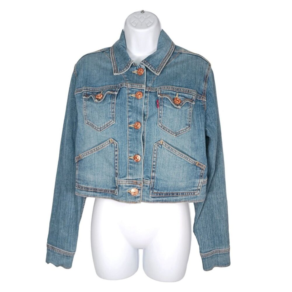 Levis Womens XL Cropped Blue Denim Trucker Jean Jacket Copper Buttons Boxy